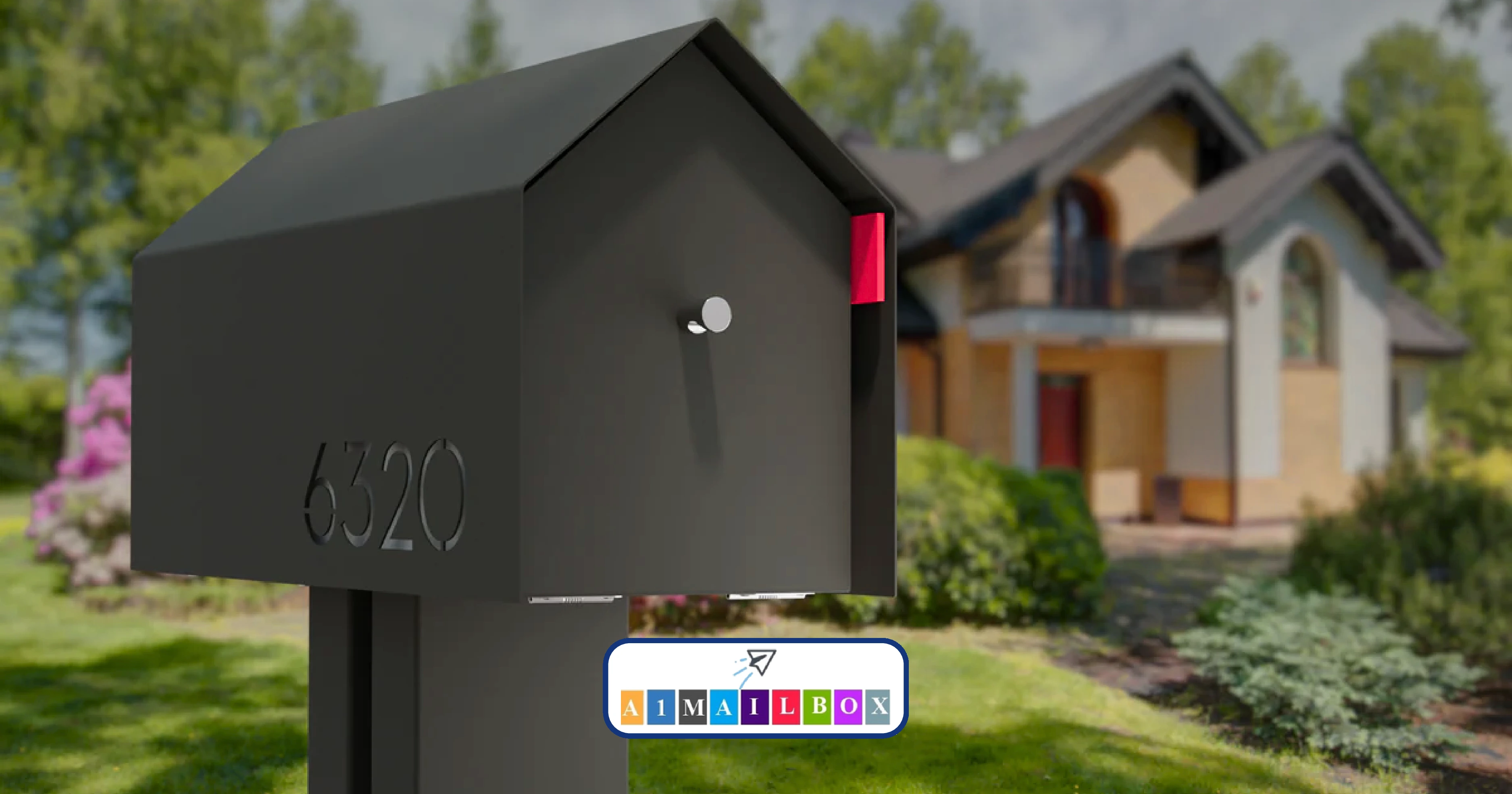 Stylish modern mailbox with street address number in front of a beautiful home – discover how the right mailbox design can boost curb appeal and security.